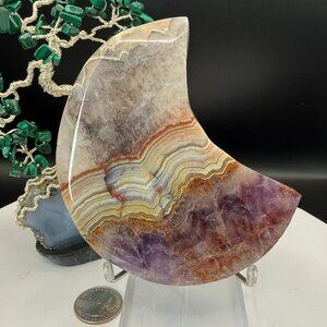 Amethyst Crazy Lace Agate Moon Carving Mexican Agate Hand Carved 298g 4.29" Tall